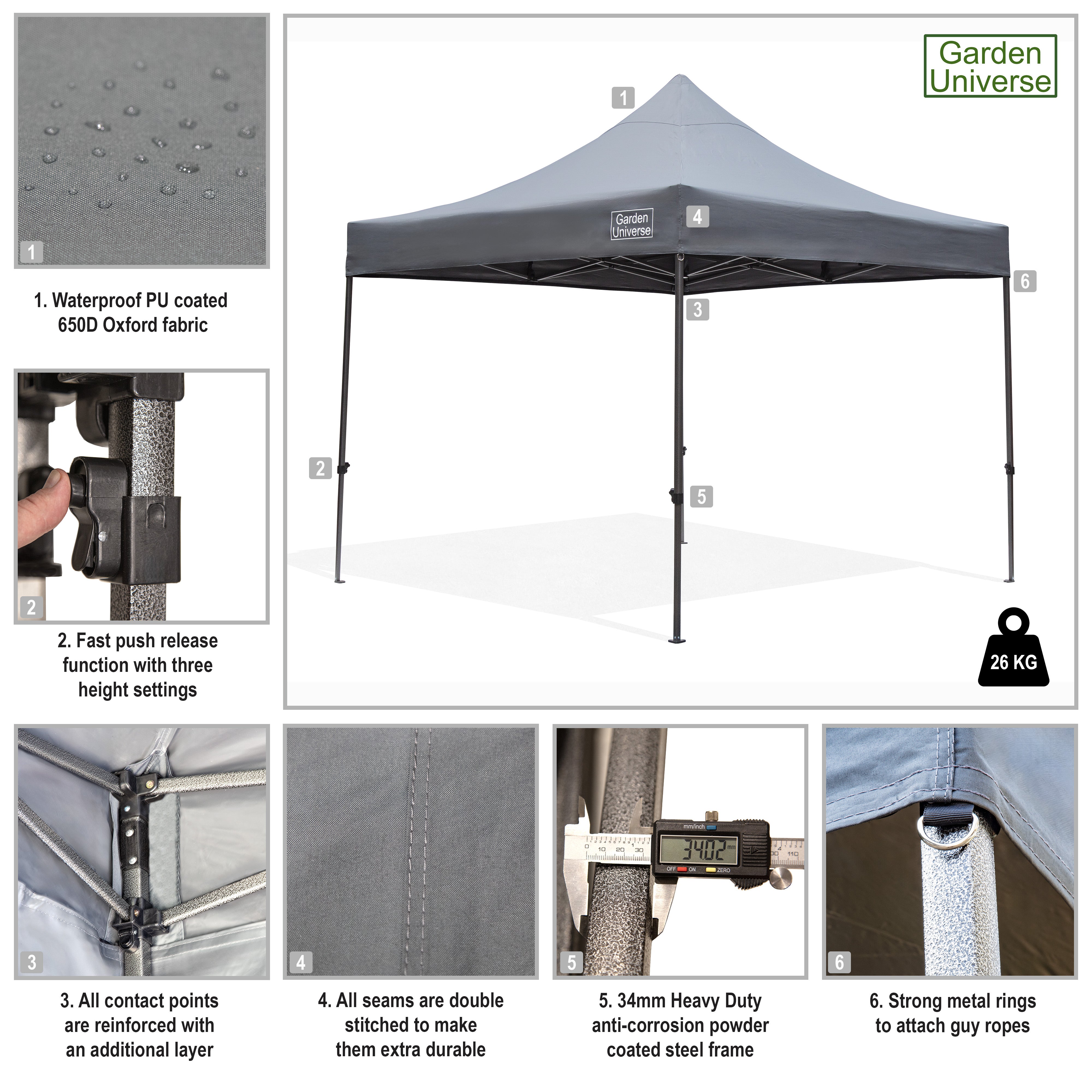 Gazebo 3m x 3m Commercial Grade Pop Up in Grey with Heavy Duty Frame GAZ11-Grey