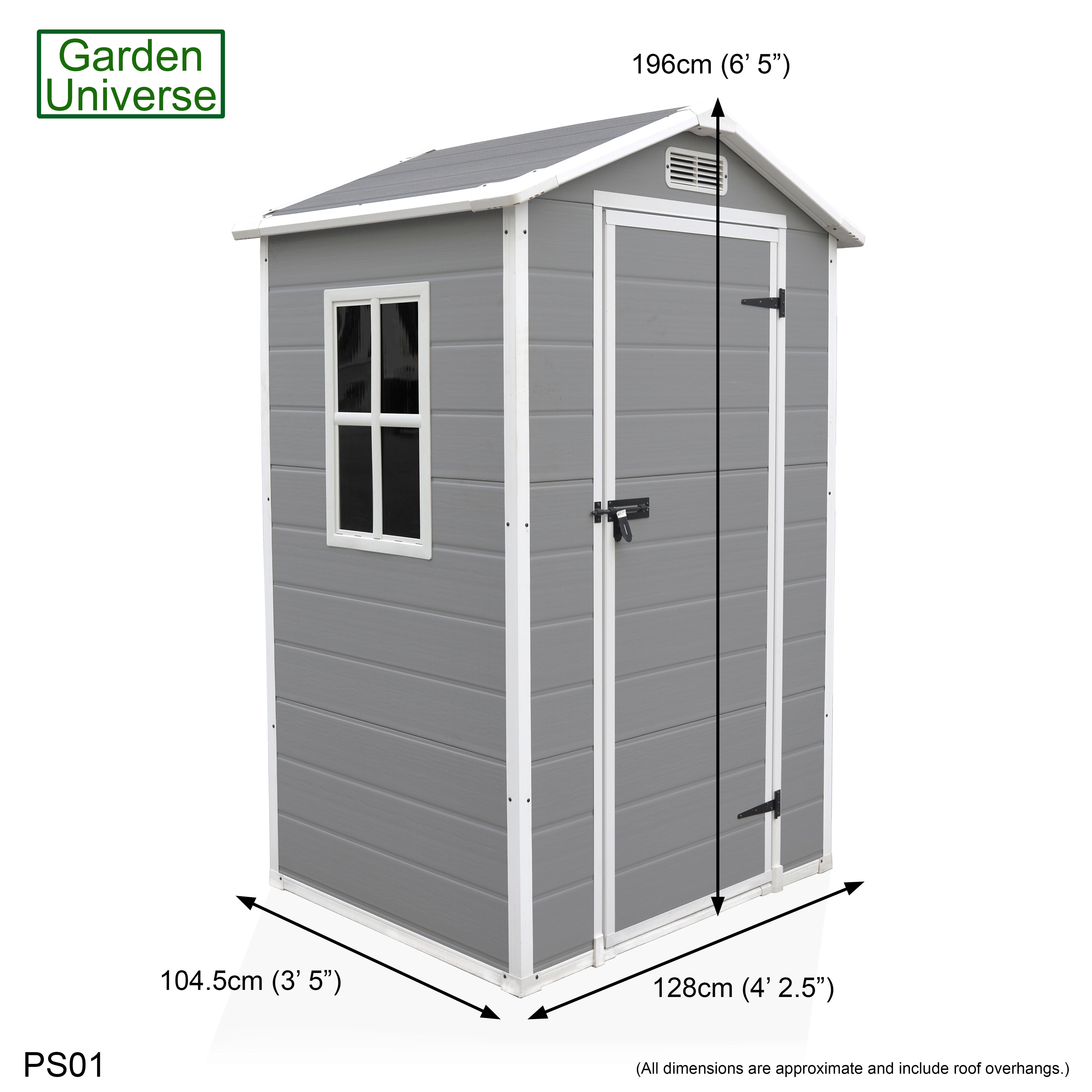 Garden Universe Plastic Garden Shed 4' x 3' Apex Roof Garden Storage Tool Store PS01