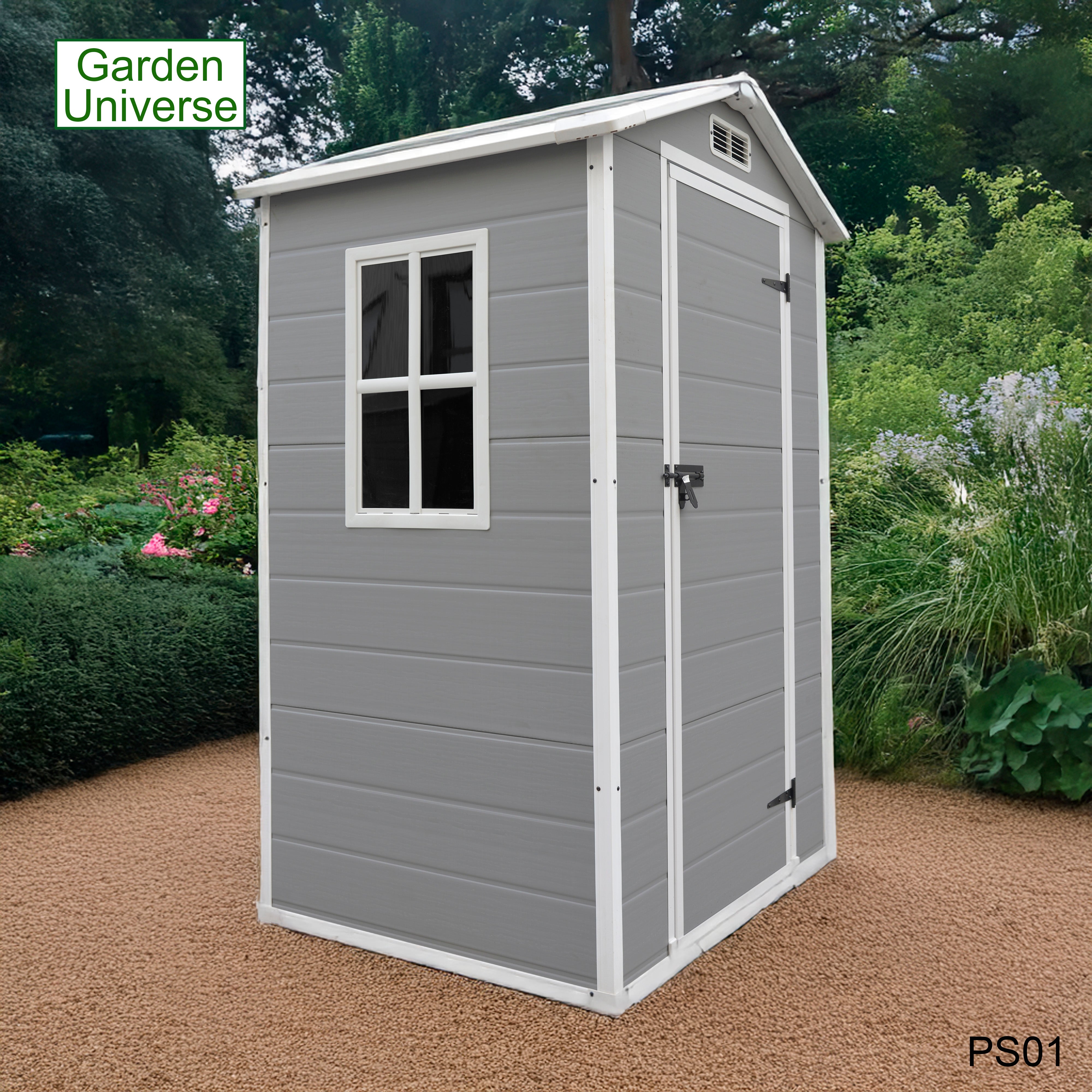 Garden Universe Plastic Garden Shed 4' x 3' Apex Roof Garden Storage Tool Store PS01