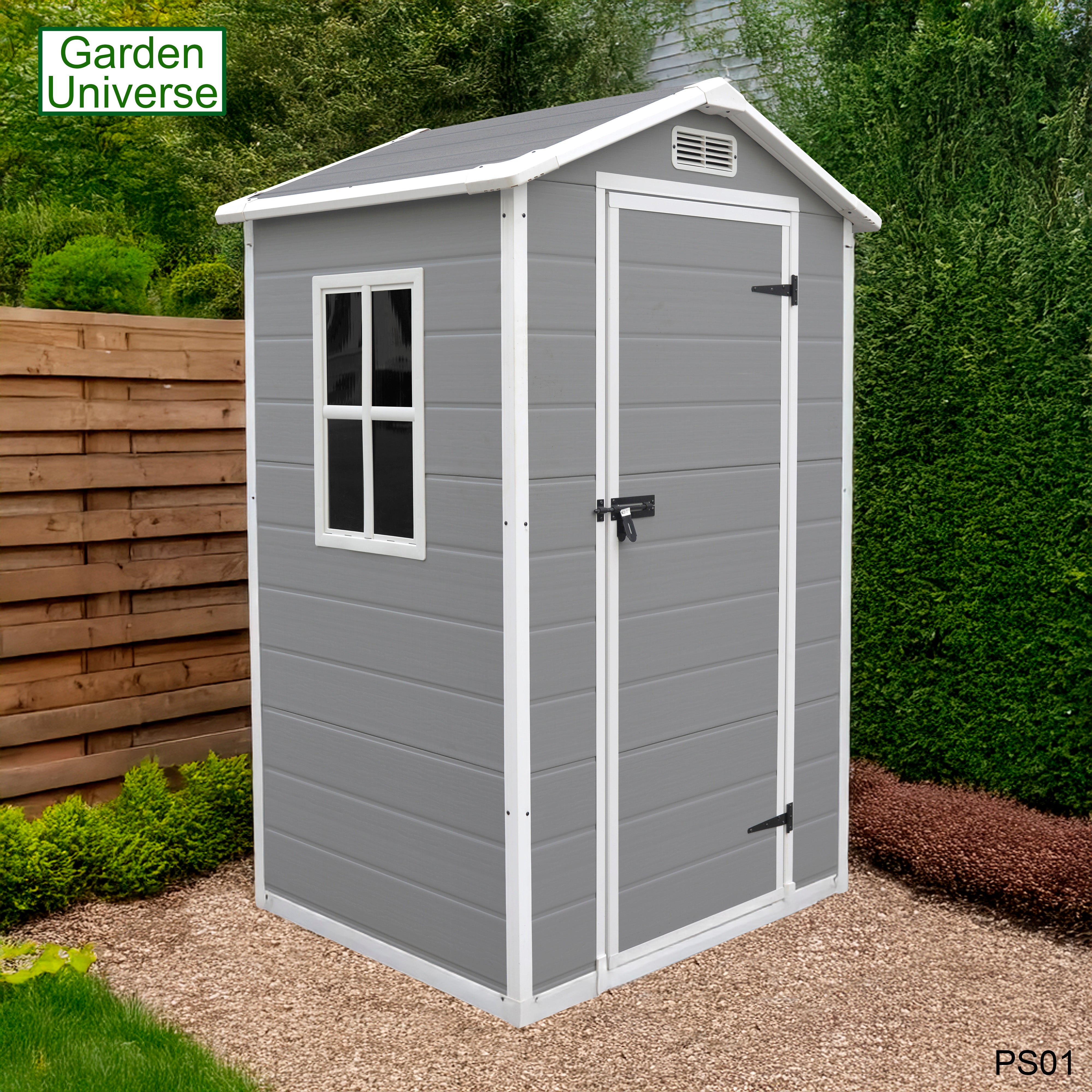 Garden Universe Plastic Garden Shed 4' x 3' Apex Roof Garden Storage Tool Store PS01