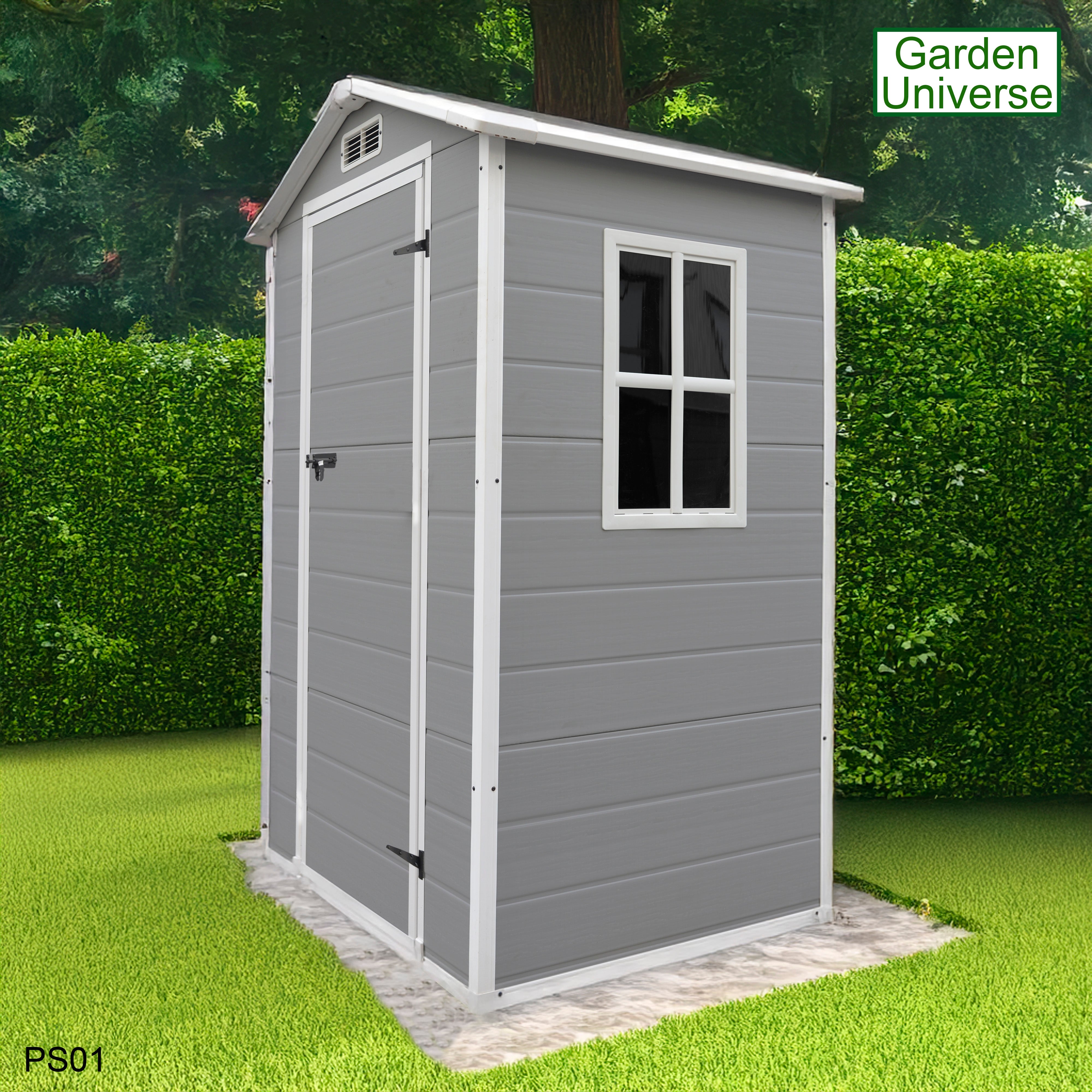 Garden Universe Plastic Garden Shed 4' x 3' Apex Roof Garden Storage Tool Store PS01