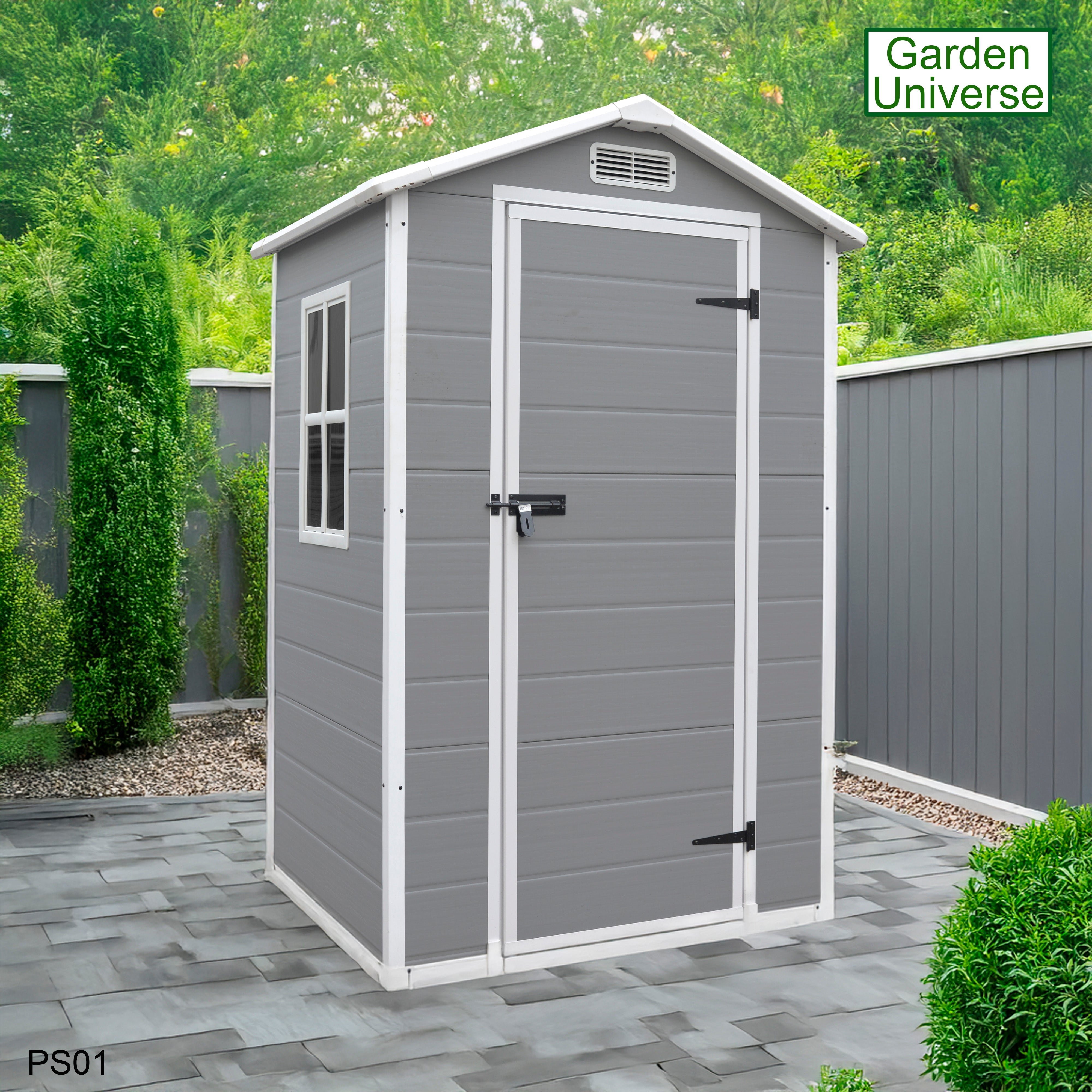 Garden Universe Plastic Garden Shed 4' x 3' Apex Roof Garden Storage Tool Store PS01
