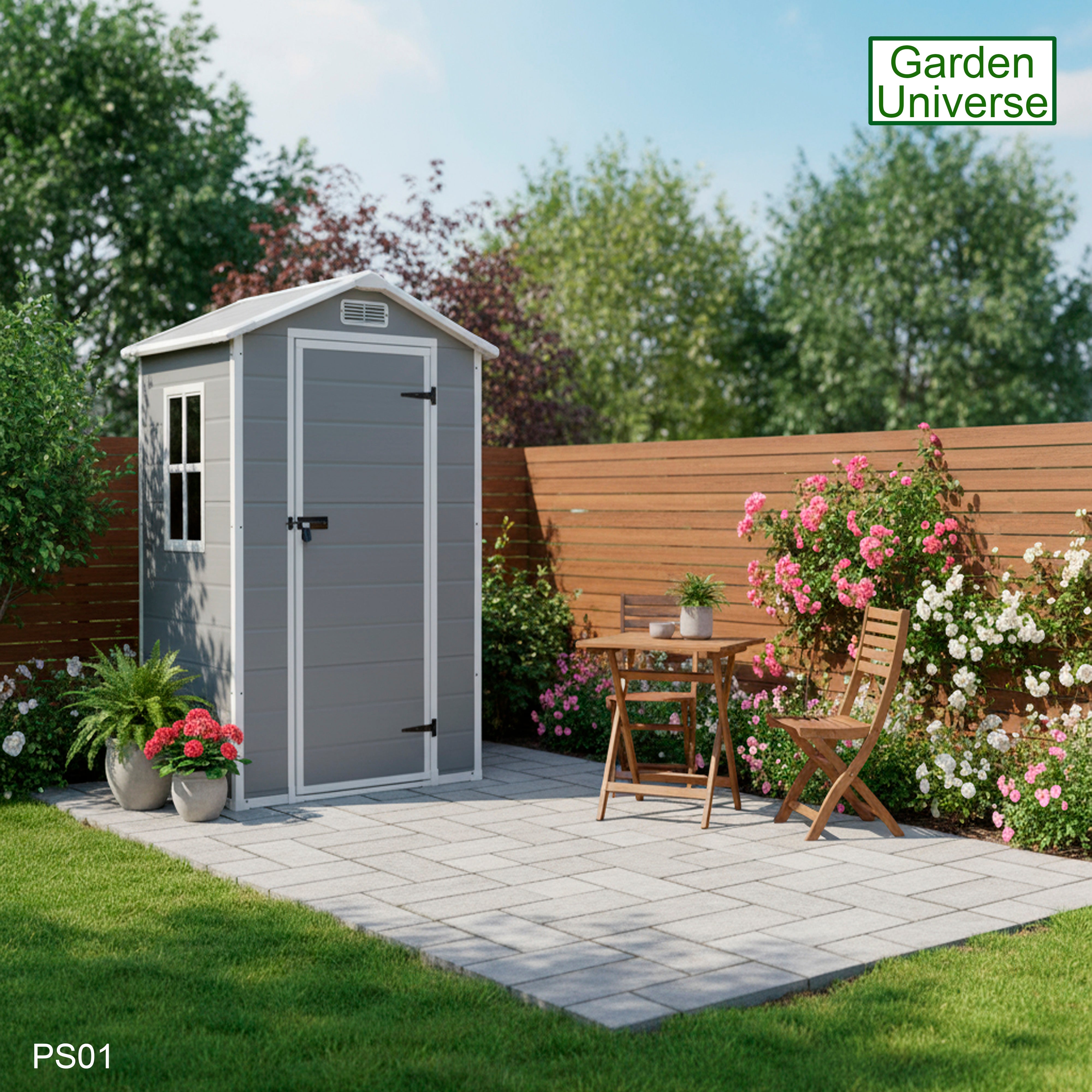Garden Universe Plastic Garden Shed 4' x 3' Apex Roof Garden Storage Tool Store PS01