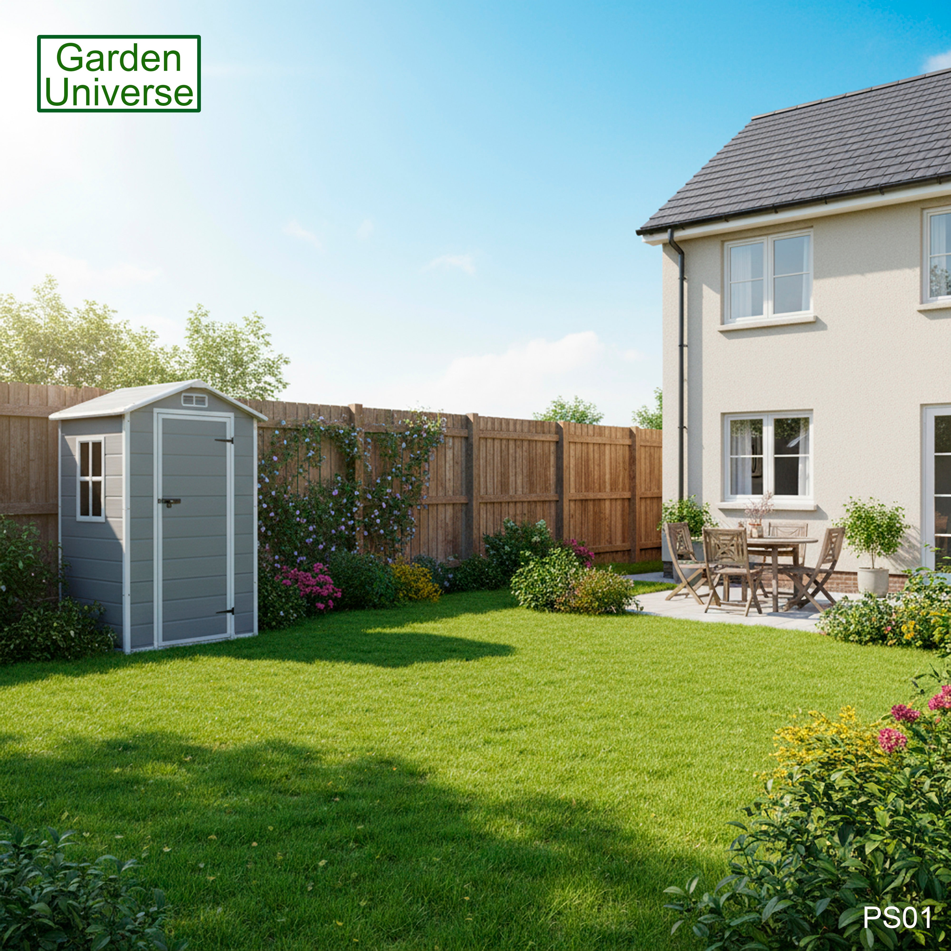 Garden Universe Plastic Garden Shed 4' x 3' Apex Roof Garden Storage Tool Store PS01