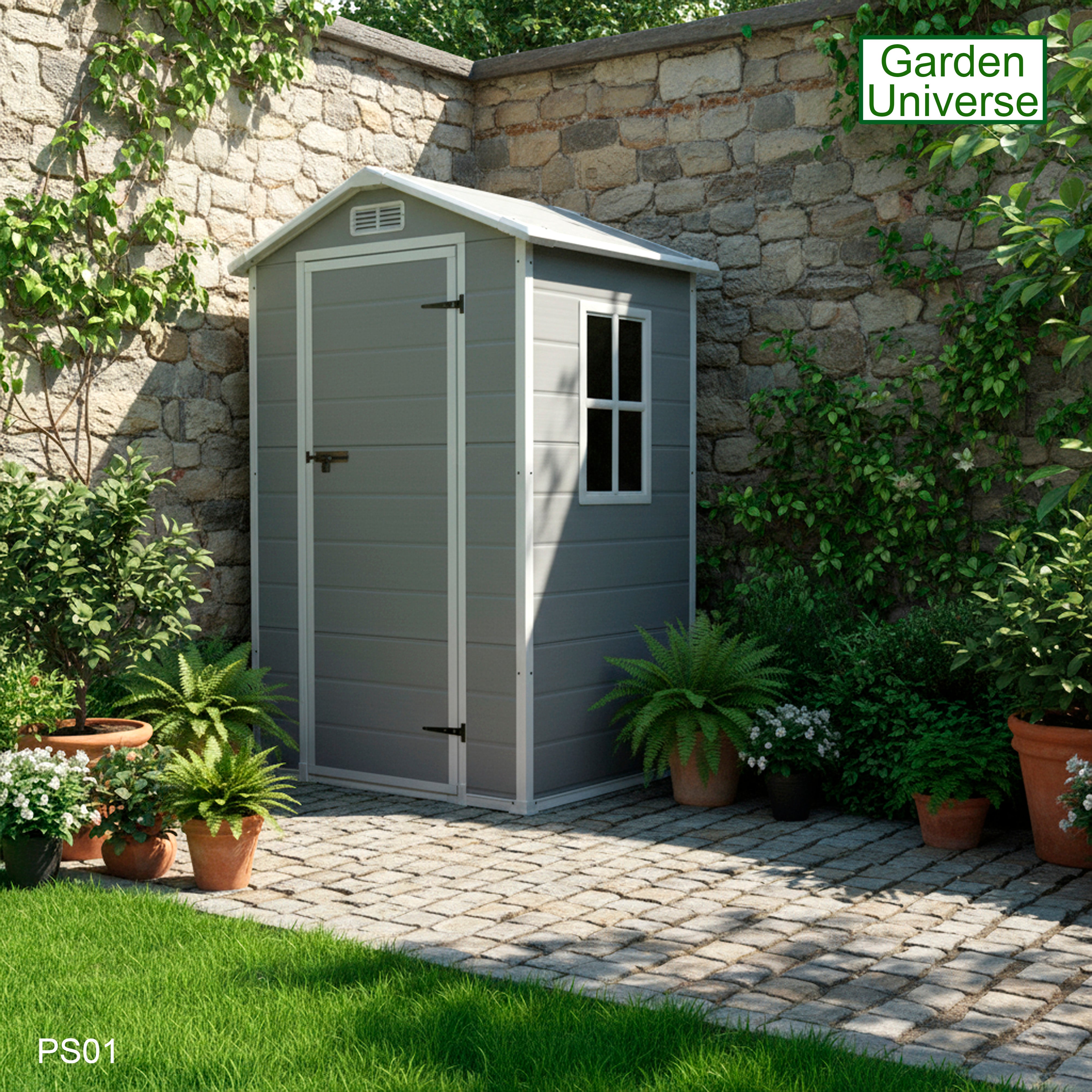 Garden Universe Plastic Garden Shed 4' x 3' Apex Roof Garden Storage Tool Store PS01