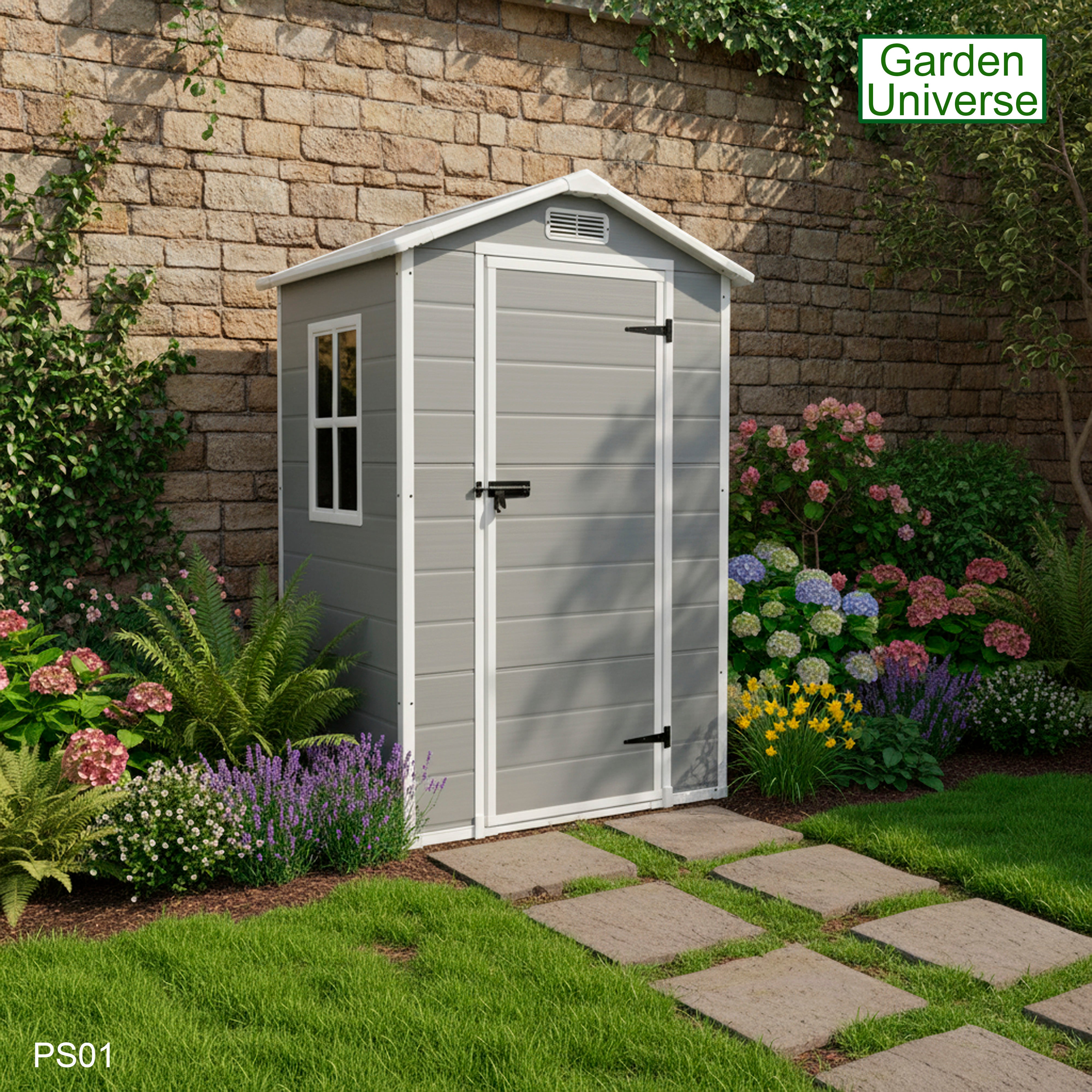 Garden Universe Plastic Garden Shed 4' x 3' Apex Roof Garden Storage Tool Store PS01