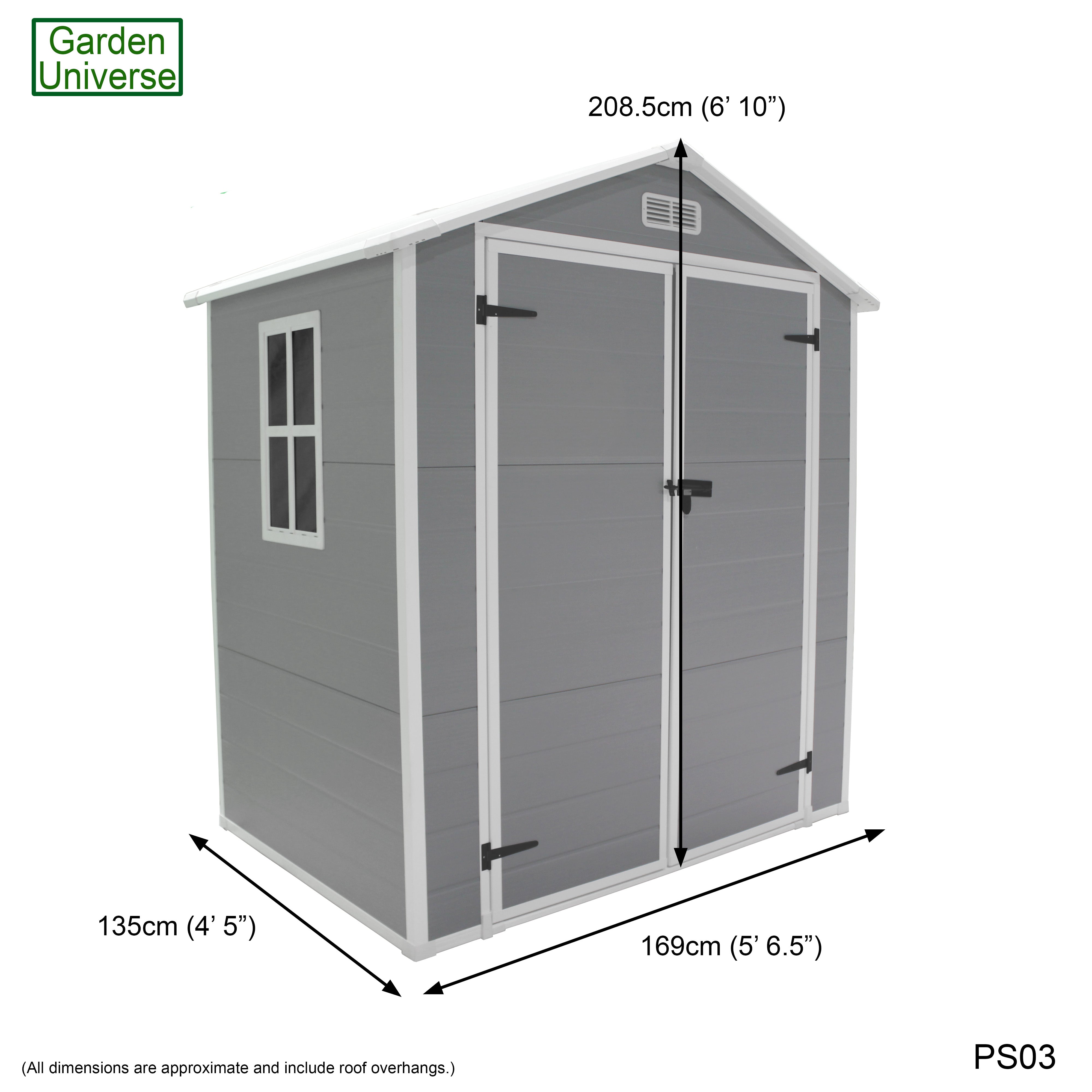 Garden Universe Plastic Garden Shed 5' 6" x 4' 5" Apex Roof Garden Storage Store with Floor PS03