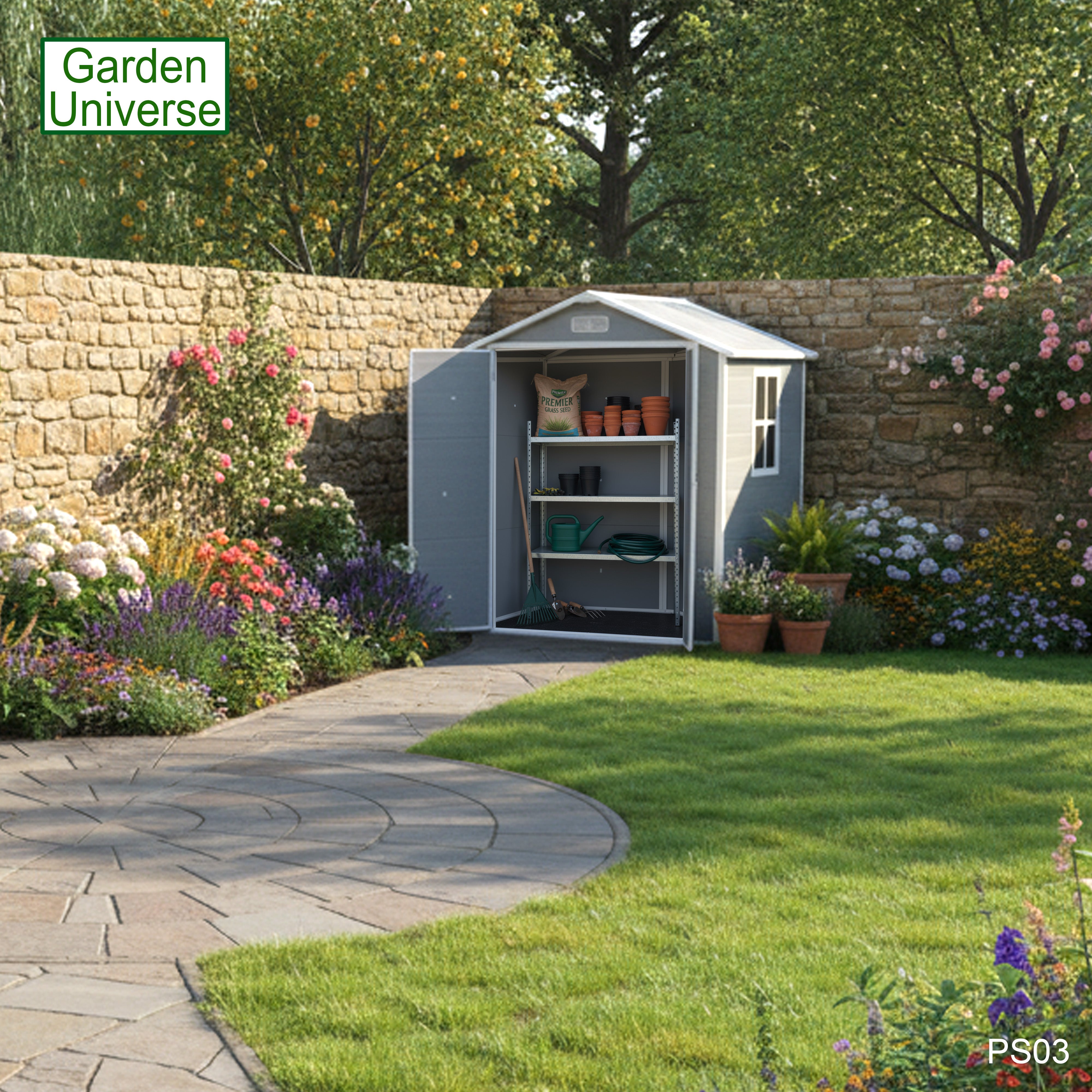 Garden Universe Plastic Garden Shed 5' 6" x 4' 5" Apex Roof Garden Storage Store with Floor PS03