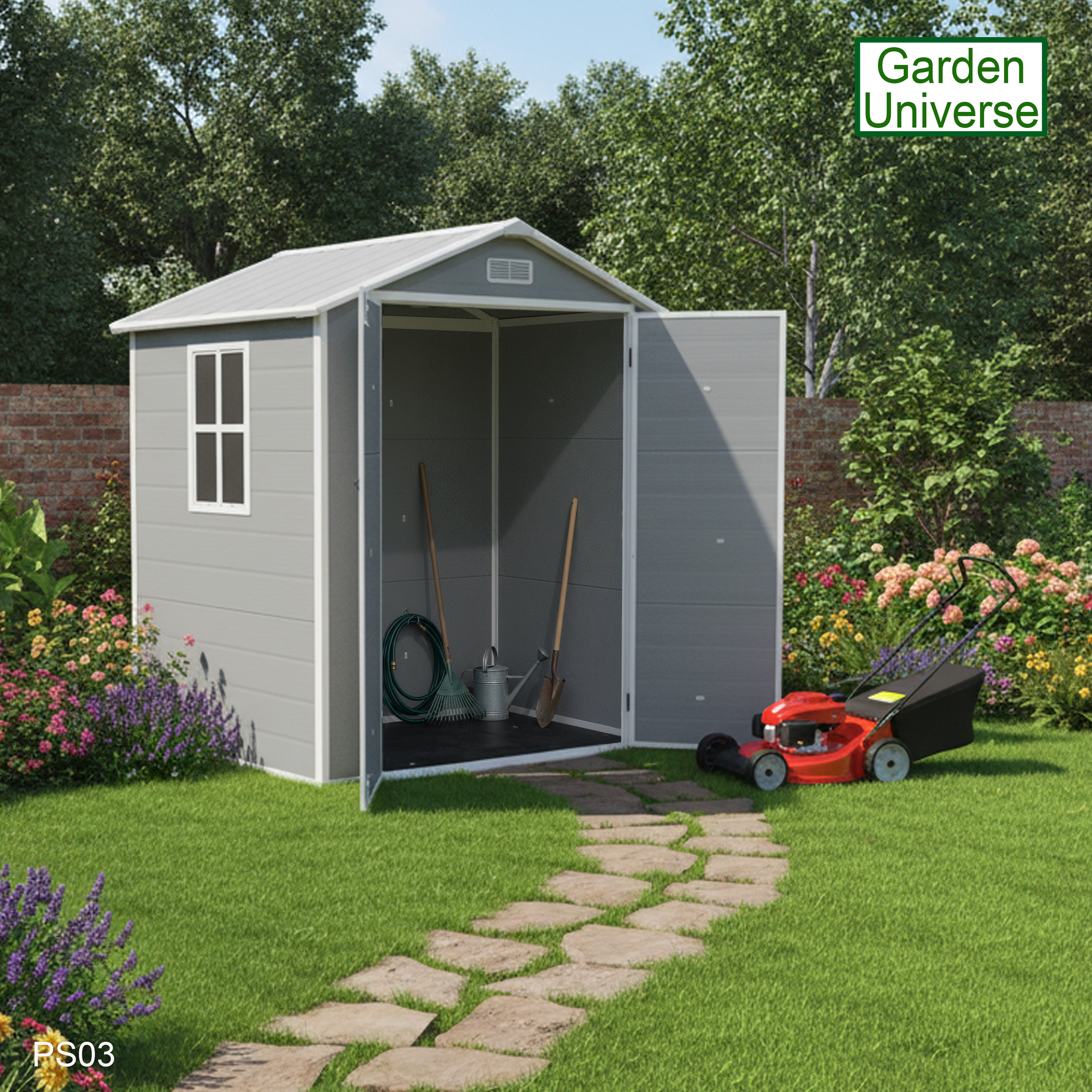 Garden Universe Plastic Garden Shed 5' 6" x 4' 5" Apex Roof Garden Storage Store with Floor PS03