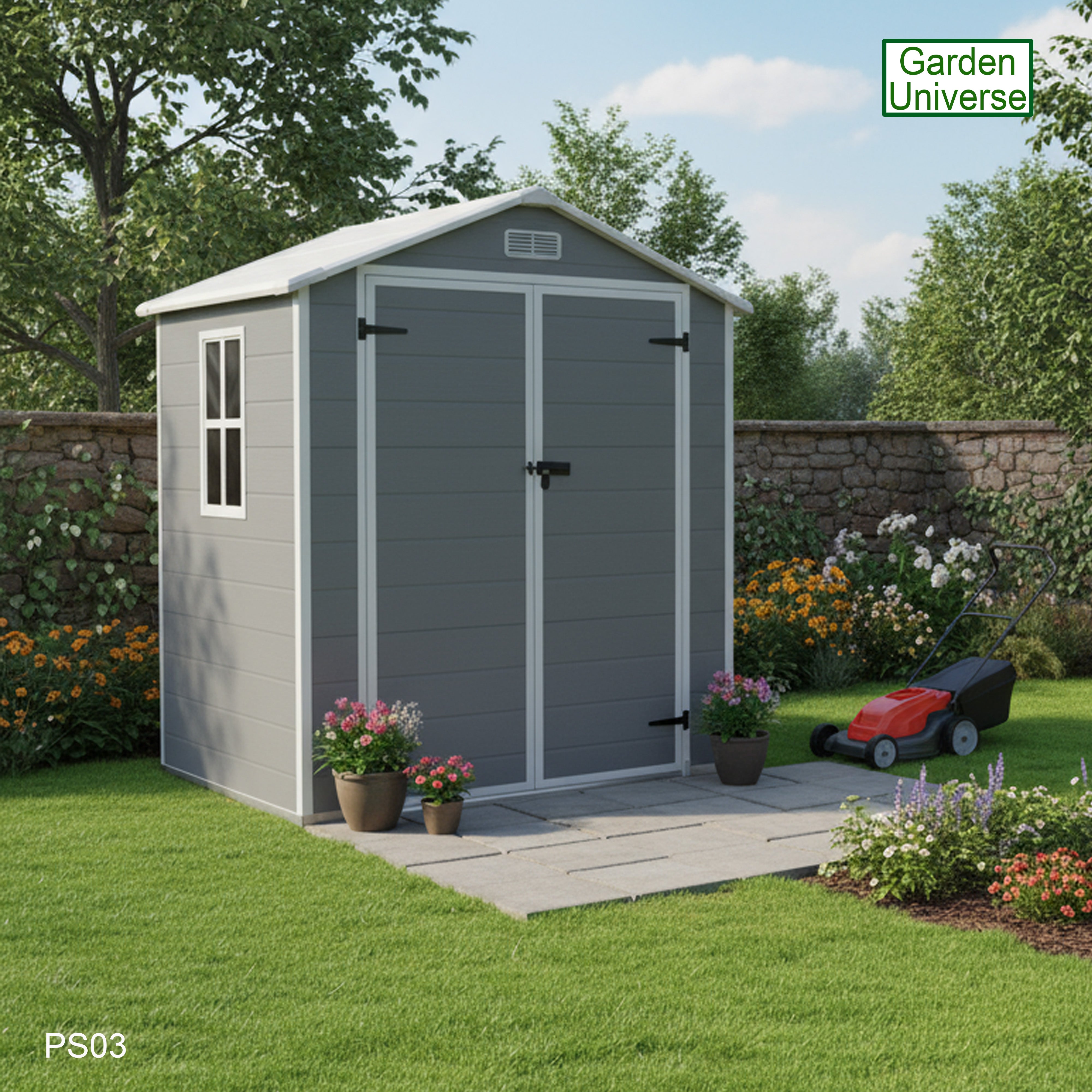 Garden Universe Plastic Garden Shed 5' 6" x 4' 5" Apex Roof Garden Storage Store with Floor PS03