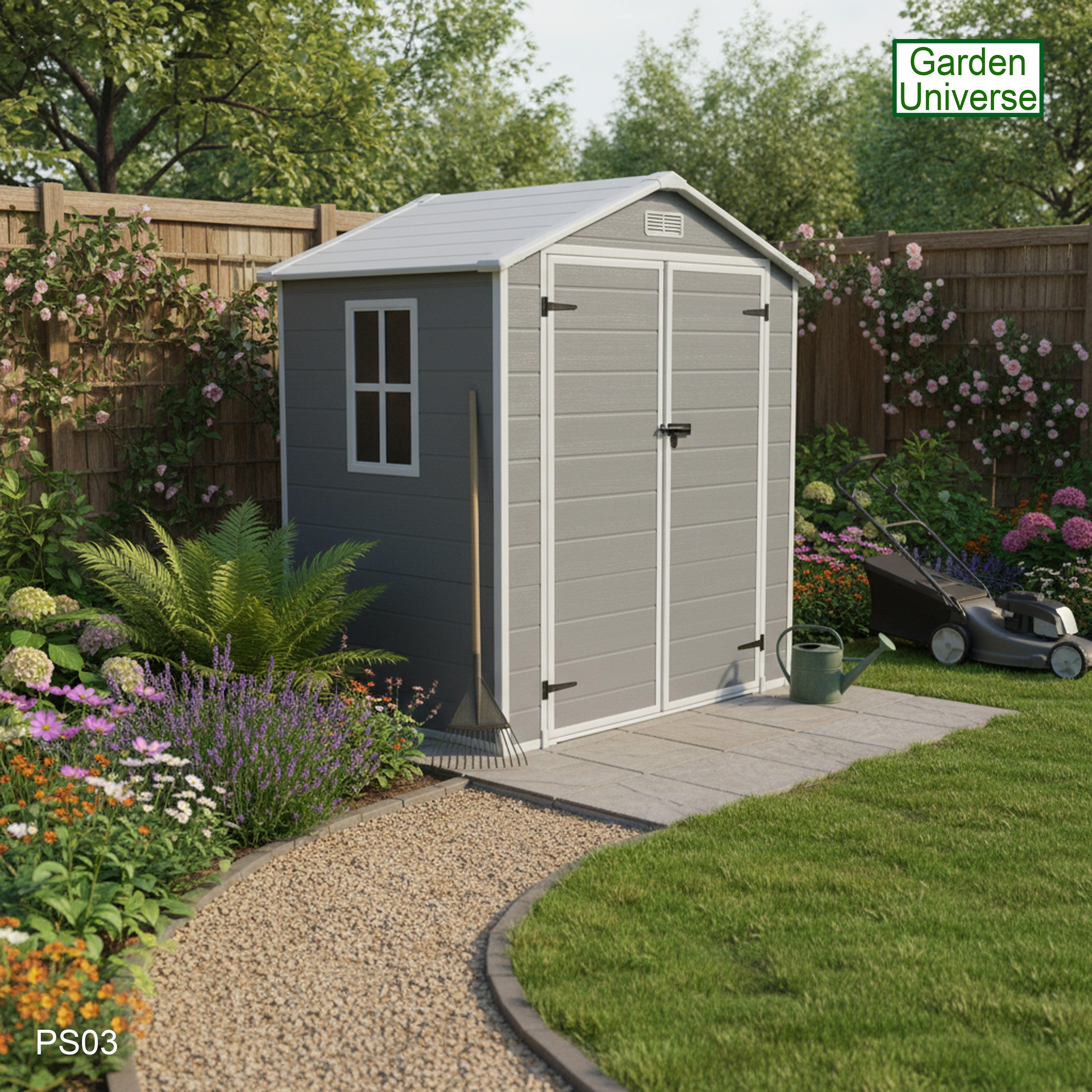 Garden Universe Plastic Garden Shed 5' 6" x 4' 5" Apex Roof Garden Storage Store with Floor PS03