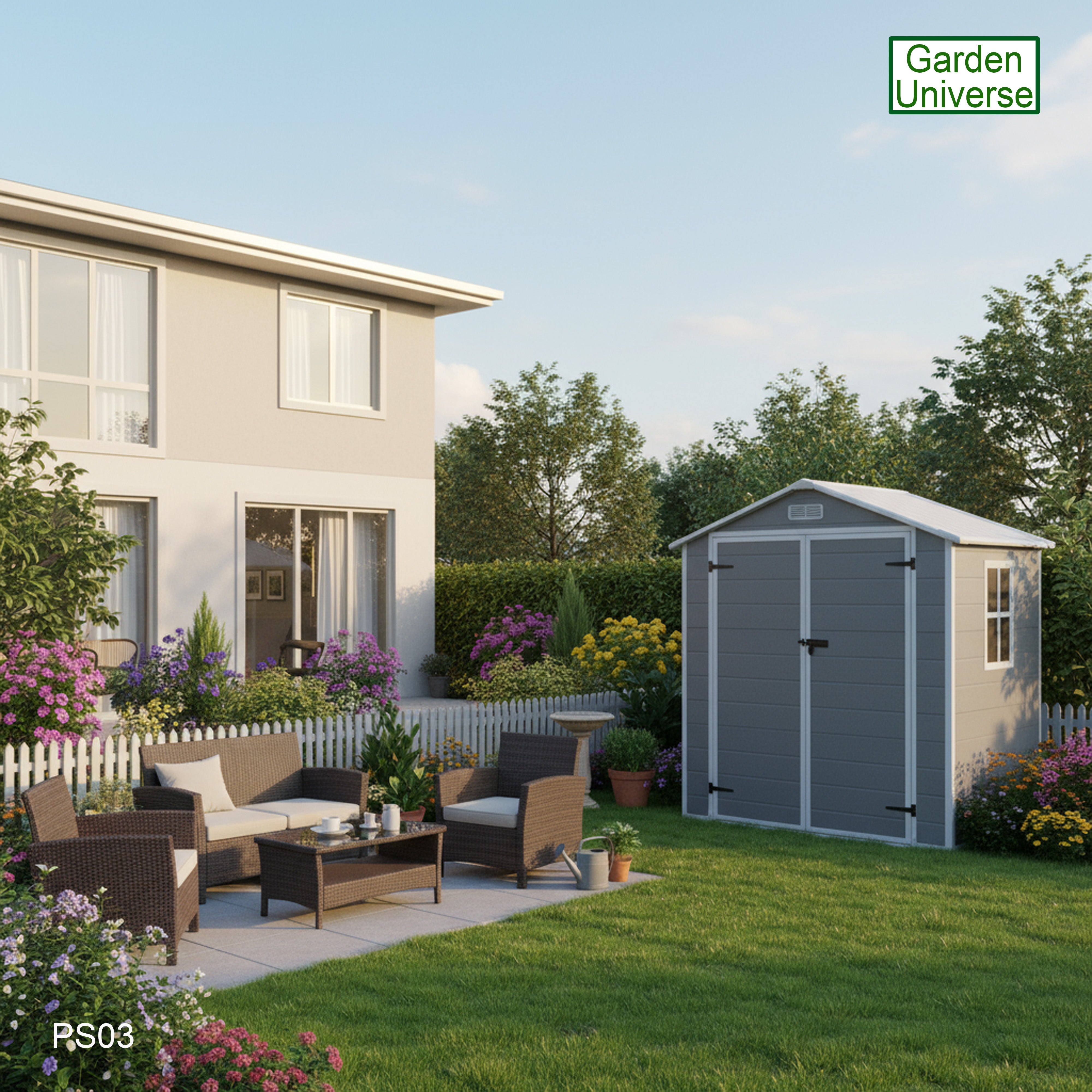Garden Universe Plastic Garden Shed 5' 6" x 4' 5" Apex Roof Garden Storage Store with Floor PS03