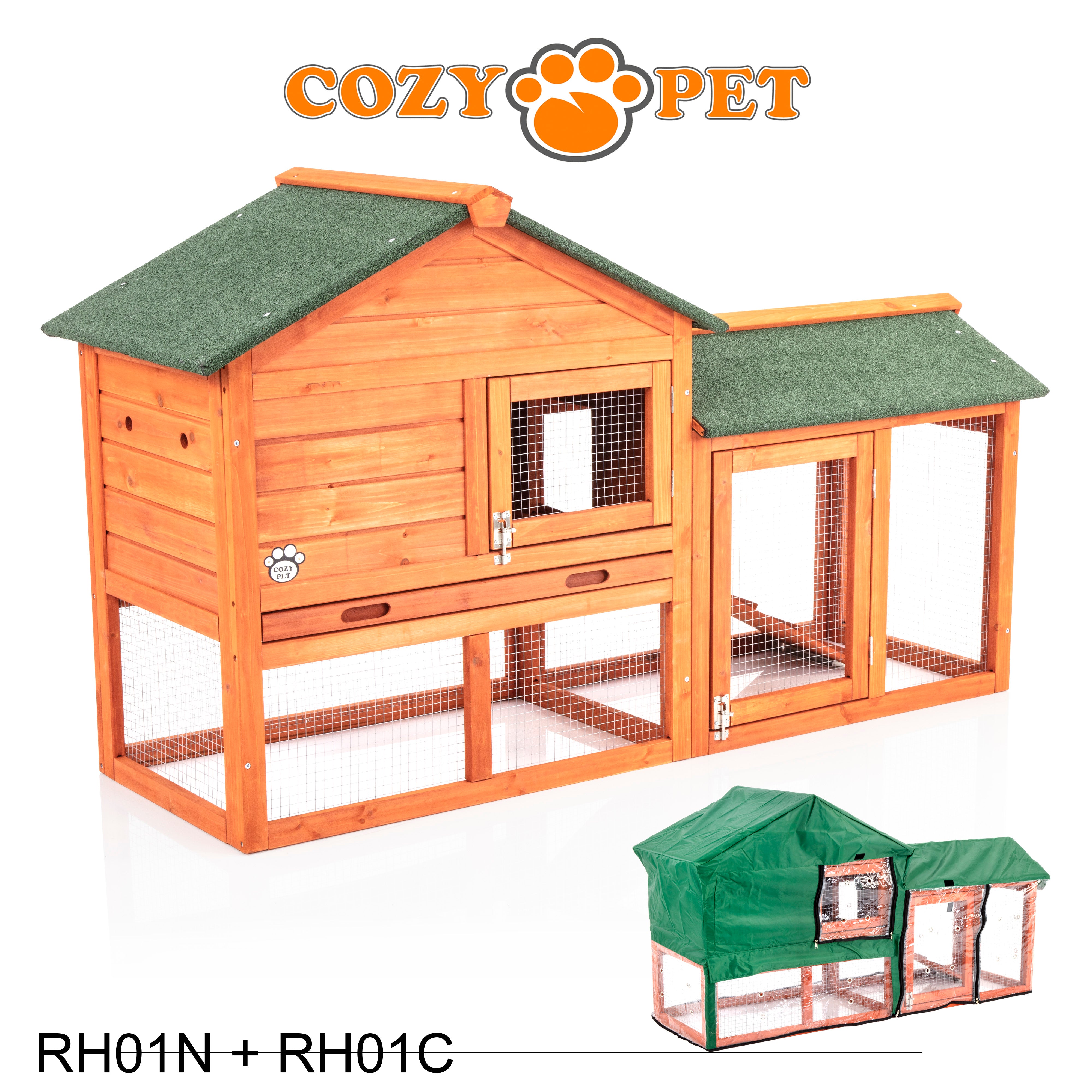 Rabbit Hutch with Run in Natural 148cm Model with Hutch Cover - RH01N + Cover