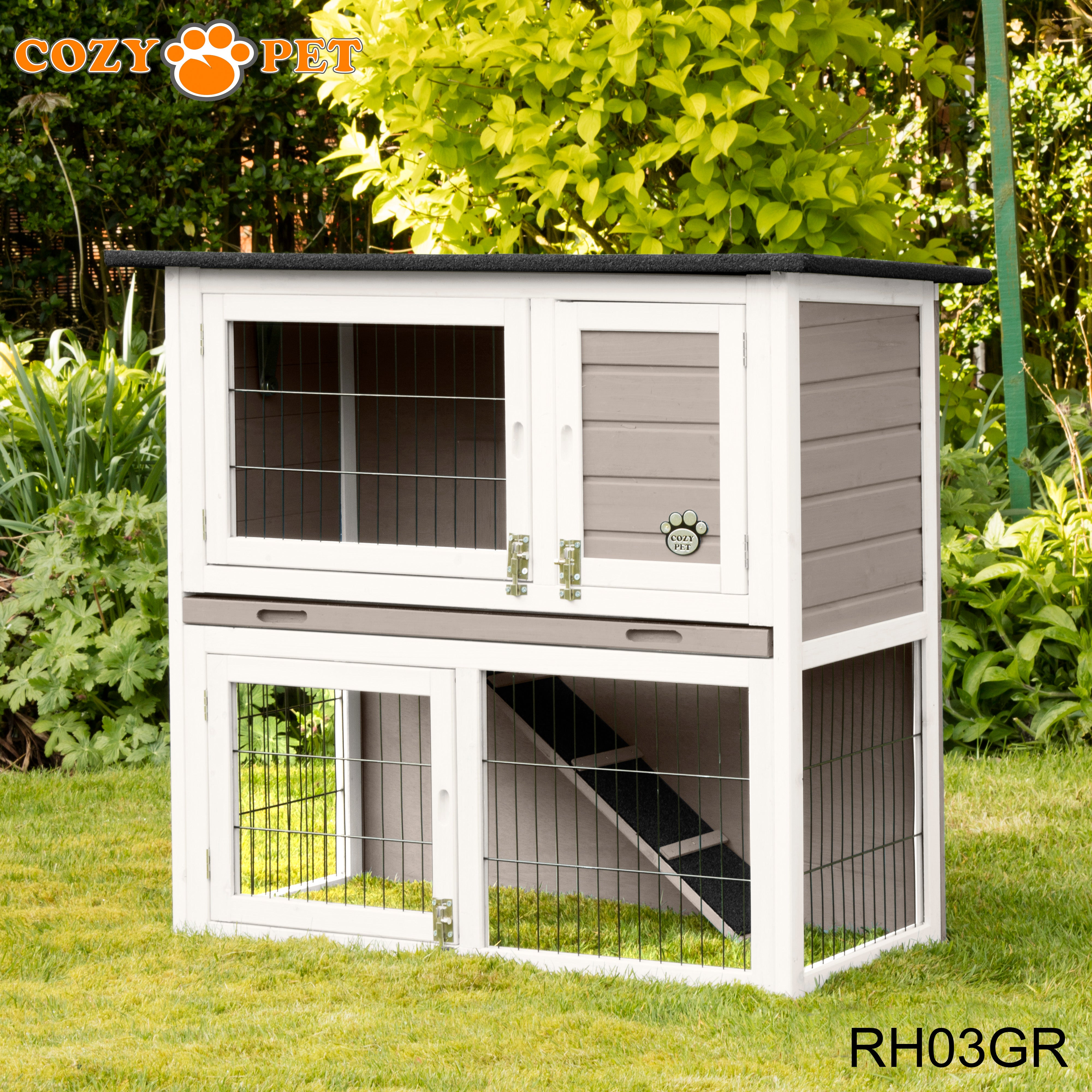 Rabbit Hutch 3ft - Grey and White with Cover - RH03GR + RH03C