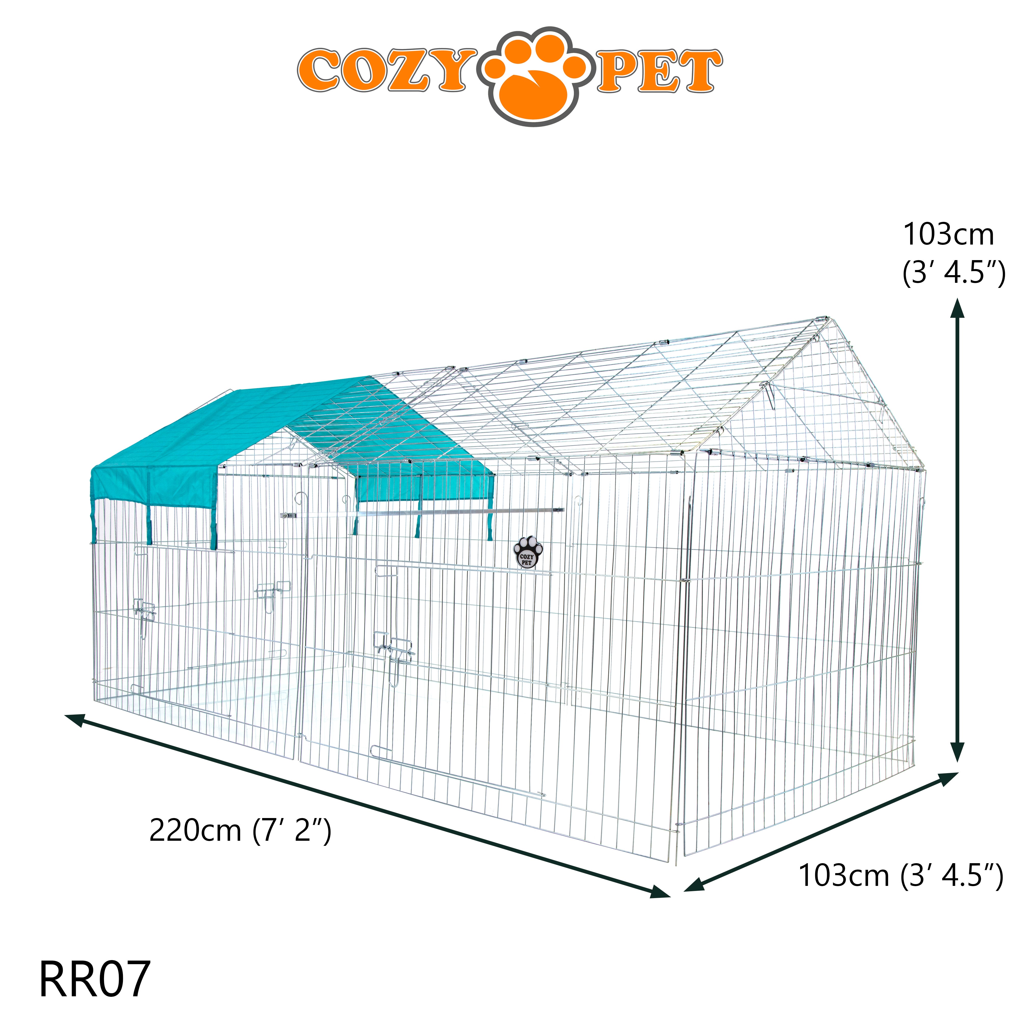 Rectangular Galvanised Rabbit Run with Pitched Roof and Sunshade - Large - RR07