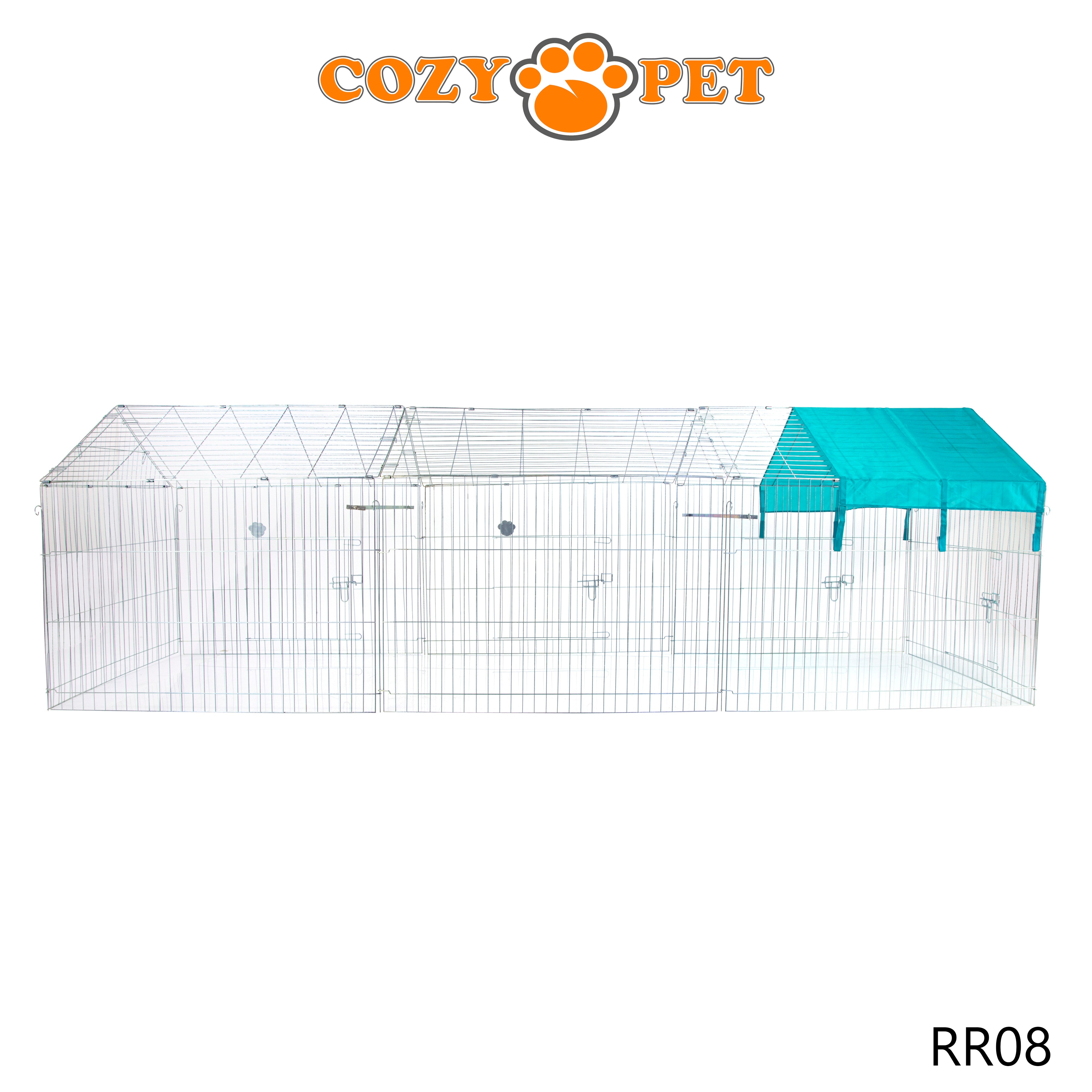 Rectangular Galvanised Rabbit Run with Pitched Roof and Sunshade Plus Extension - X Large - RR08