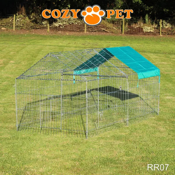 Rectangular Galvanised Rabbit Run with Pitched Roof and Sunshade - Large - RR07