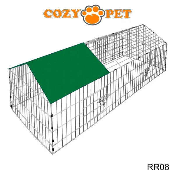 Rectangular Galvanised Rabbit Run with Pitched Roof and Sunshade Plus Extension - X Large - RR08